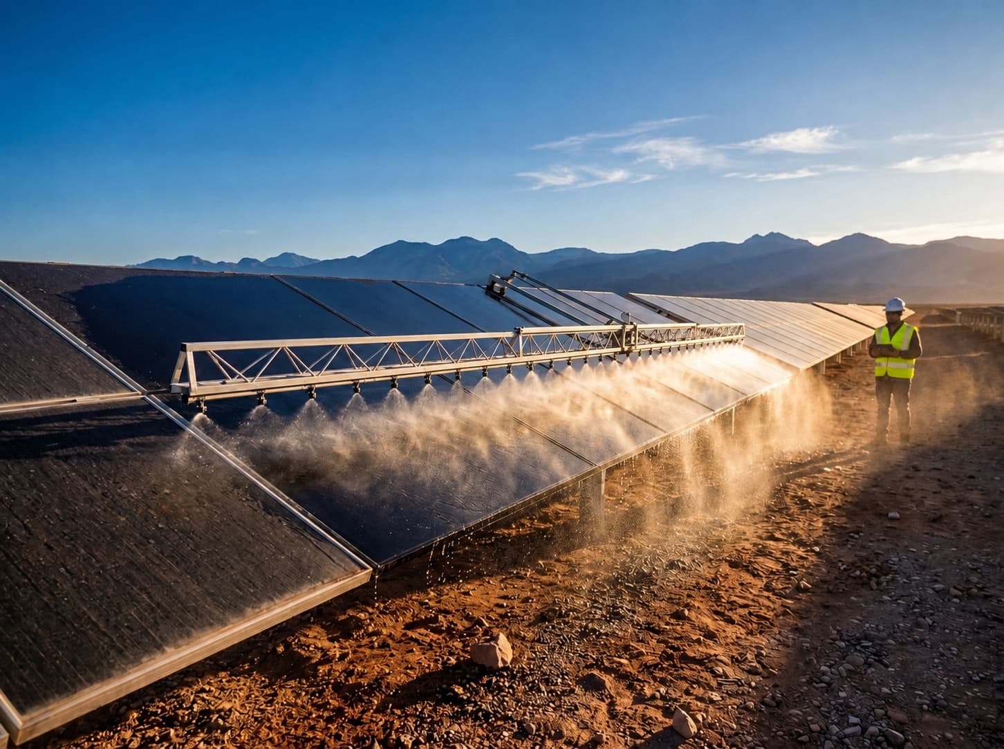 Patented cleaning boom in operation on a solar array